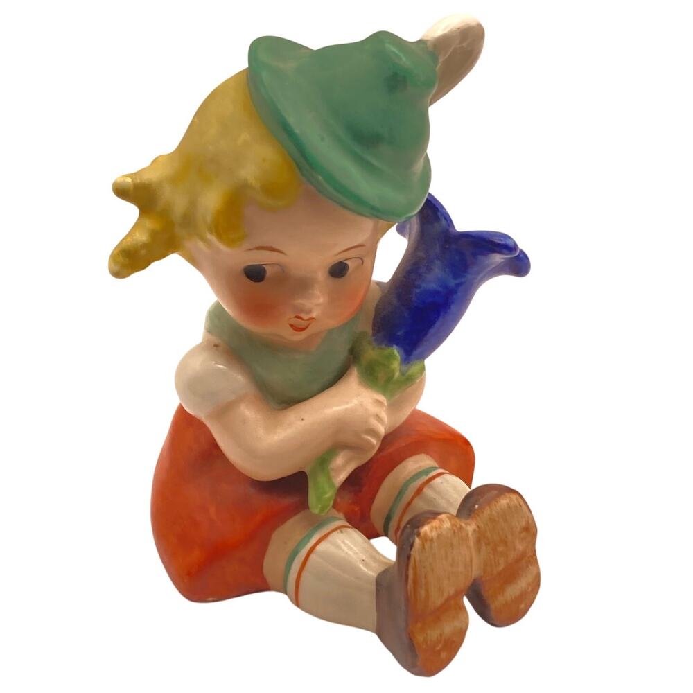VTG Goebel Hummel Figure 4 1/8" Tall Girl w/ Blue Flower TK2 Bee in V - KF 23B